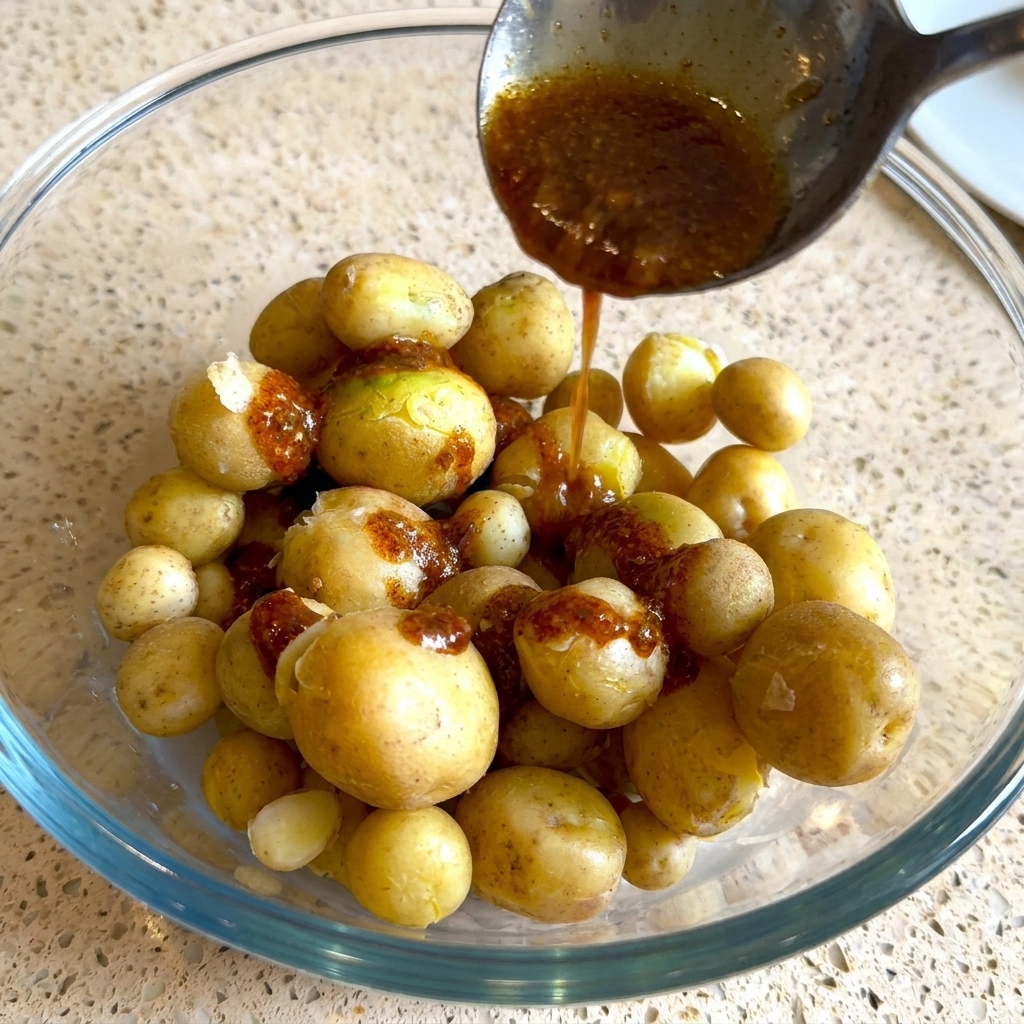 Eine dunkle Marinade wird mit einem Löffel über vorgekochte kleine Kartoffeln in einer Glasschüssel geträufelt.