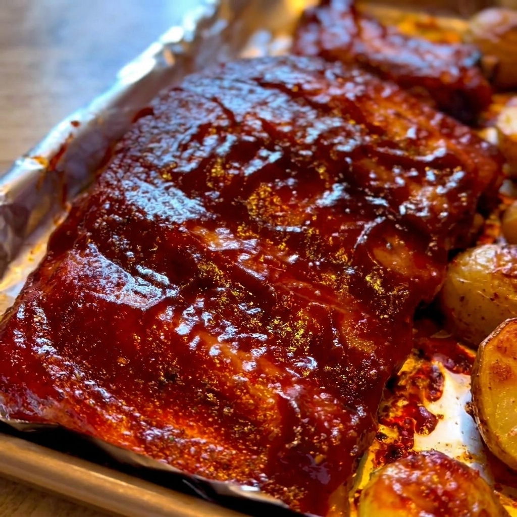 Dicke, dunkelrote BBQ-Sauce wird mit einem Pinsel auf die frisch gebackenen Rippchen gestrichen.