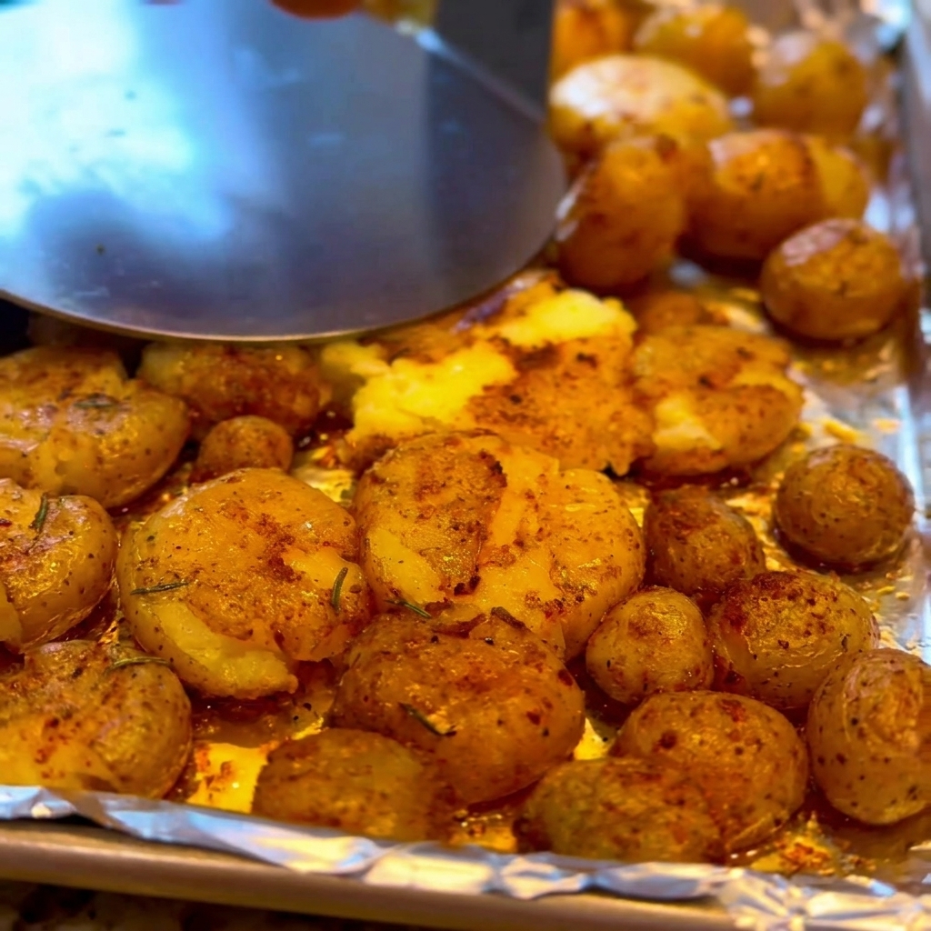 Eine Hand zerdrückt goldbraun gebackene Kartoffeln auf einem Backblech mit einem Kartoffelstampfer.