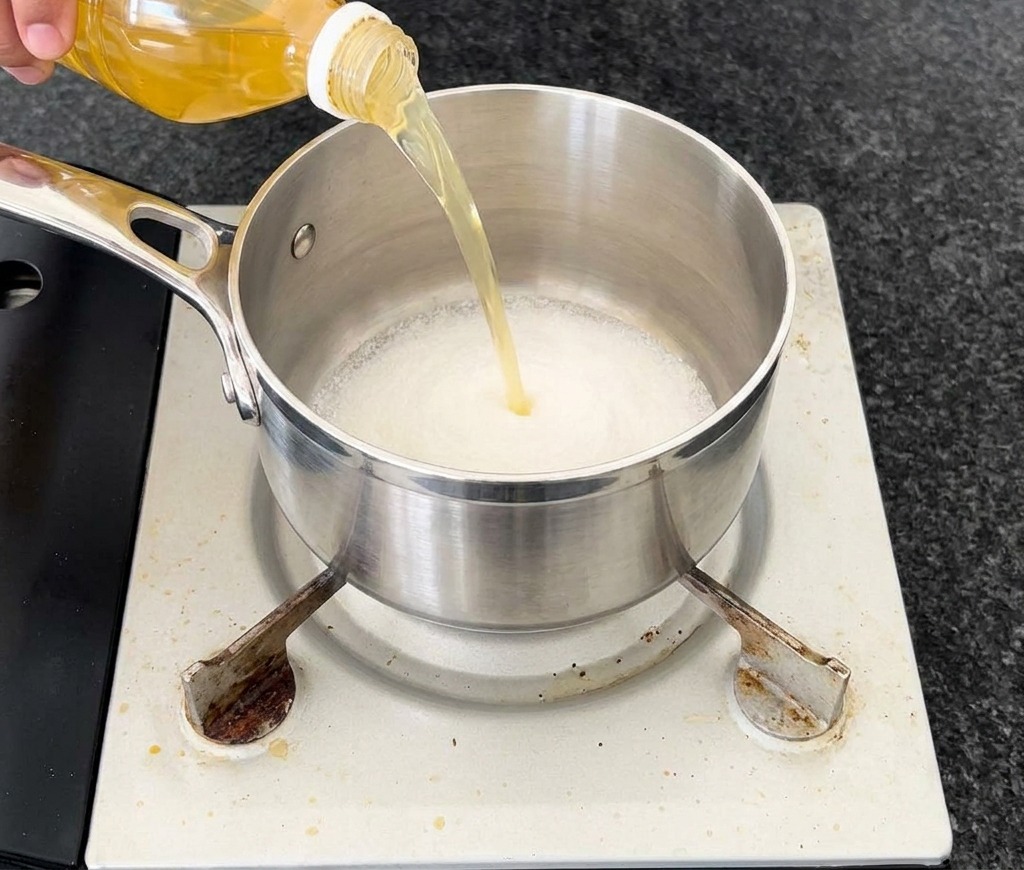 Eine Person gießt klaren Apfelessig aus einer Plastikflasche in einen kleinen Metalltopf, in dem sich bereits eine Schicht weißer Zucker befindet.
