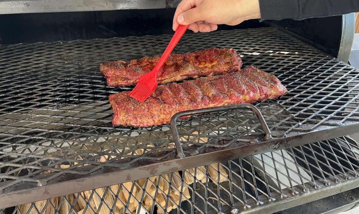 Ein roter Backpinsel wird verwendet, um Sauce auf zwei große Rippchen-Racks aufzutragen, die auf den Rosten eines Holzsmokers garen.