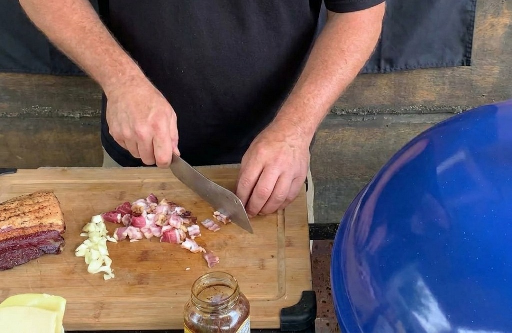 Eine Person schneidet dicken Bacon und weiße Zwiebeln mit einem großen Kochmesser auf einem Holzbrett in feine Würfel.