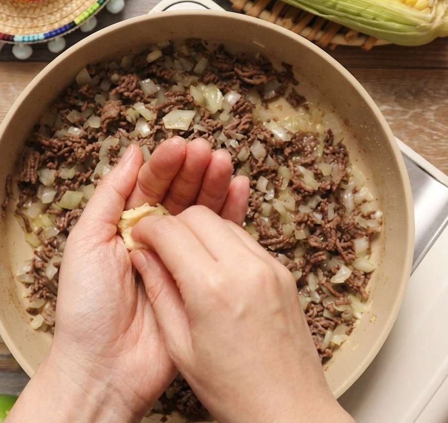 Eine Hand gibt eine Knoblauchzehe in die Pfanne mit dem gebräunten Hackfleisch und den Zwiebeln.
