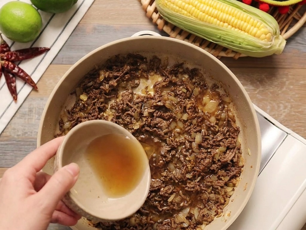 Flüssigkeit wird aus einer kleinen Schale in die Pfanne mit dem gewürzten Hackfleisch gegossen.