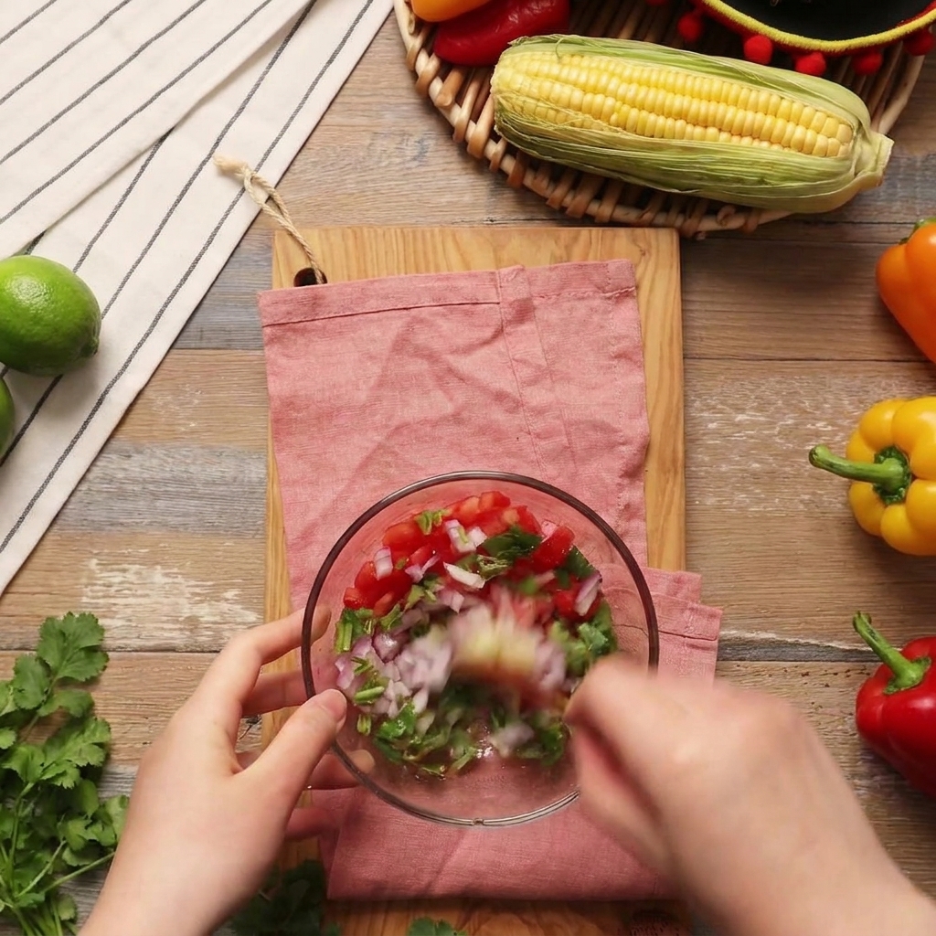 Nahaufnahme einer Hand, die mit einem Löffel frische Salsa aus gewürfelten Tomaten, Zwiebeln und Koriander in einer Glasschüssel vermengt.