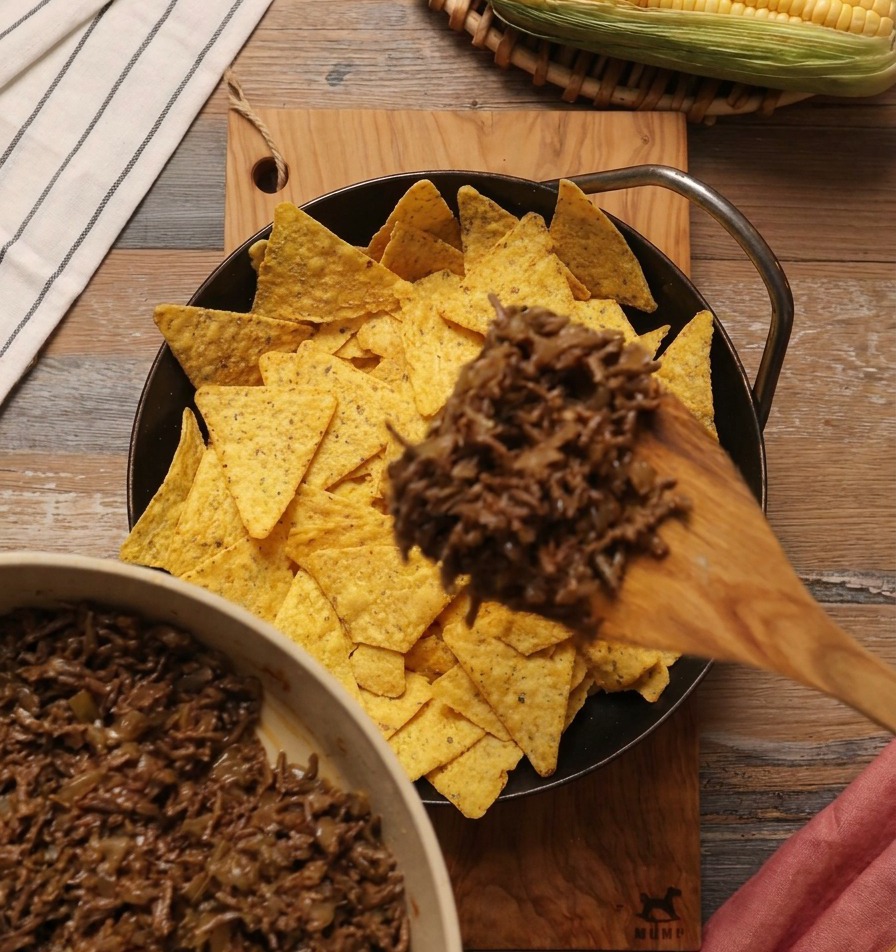 Ein Holzlöffel verteilt eine dicke, herzhafte Rinderhackfleisch-Sauce über eine Schicht gelber Tortilla-Chips in einer schwarzen Pfanne.