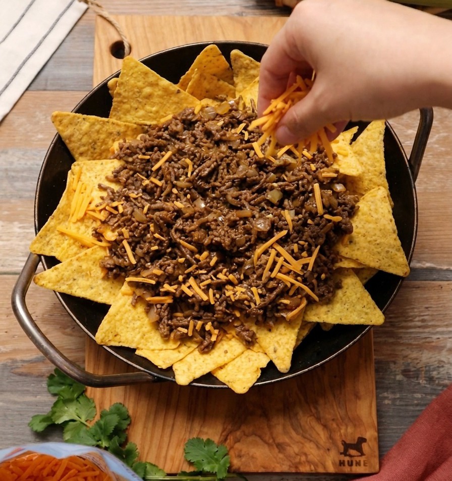 Eine Hand streut eine großzügige menge geriebenen orangefarbenen und weißen Käse über eine Pfanne mit Rinder-Nachos.