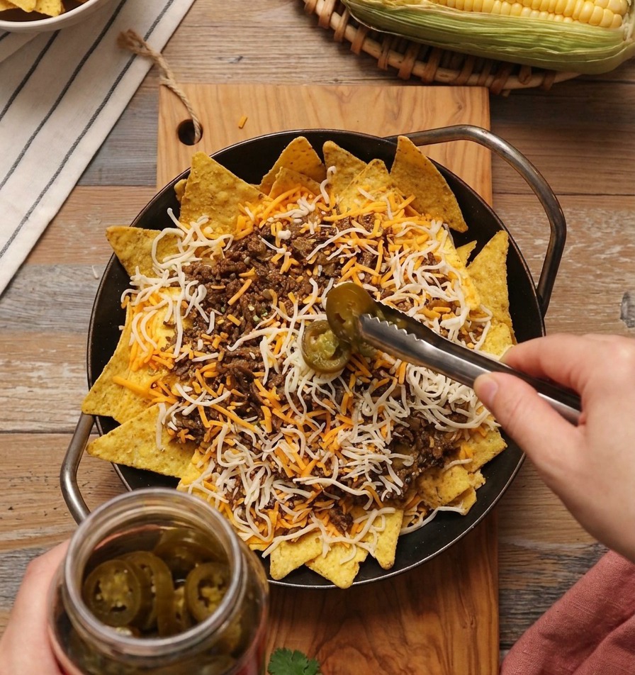 Eine Metallzange legt grüne, eingelegte Jalapeño-Scheiben auf eine Schicht aus geriebenem Käse und Fleisch in einer gusseisernen Pfanne.