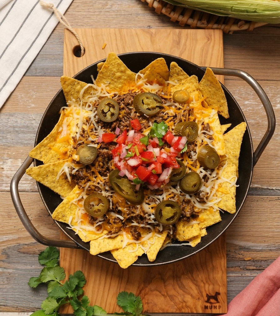 Draufsicht auf eine Pfanne mit geschmolzenen, käsigen Nachos, die mit einer farbenfrohen roten Tomaten-Zwiebel-Salsa garniert sind.