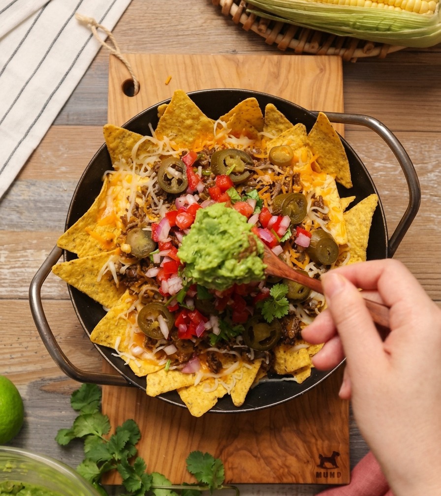 Ein Holzlöffel platziert eine Portion grüne Guacamole mitten auf der Salsa im Zentrum einer Nacho-Platte.