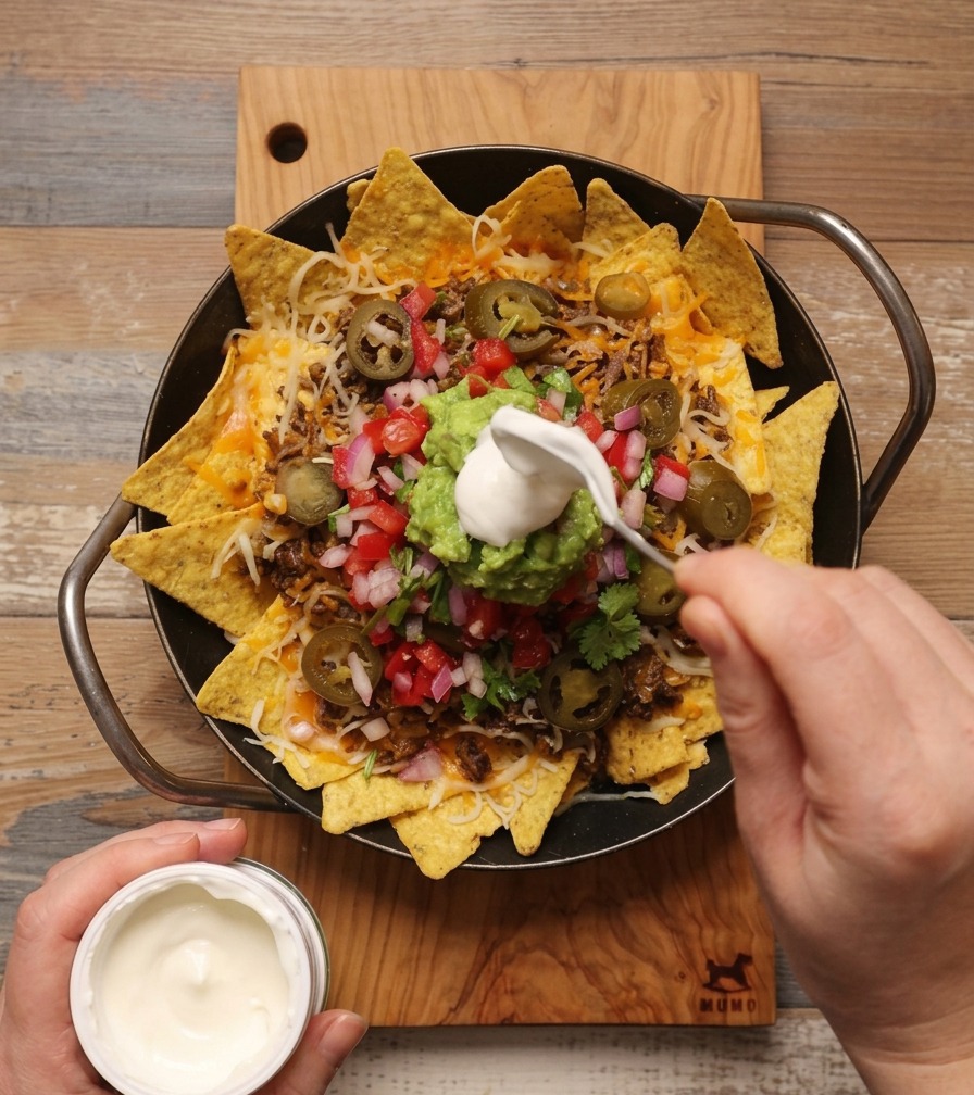 Ein Löffel gibt einen weißen Klecks saure Sahne auf die Guacamole in einer Pfanne voller Rinder-Nachos.