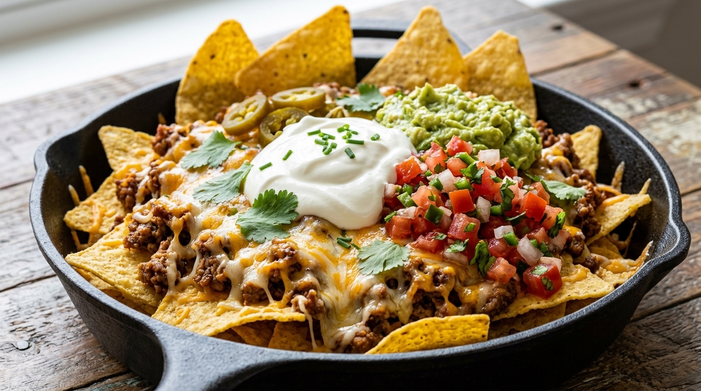 Überbackene mexikanische Rinderhack-Nachos mit frischer Salsa und Guacamole