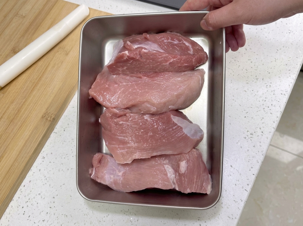 Mehrere frische, große Stücke mageres Schweinefleisch ordentlich angerichtet auf einem Edelstahltablett.