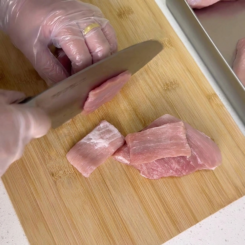 Ein Koch schneidet mit einem großen Hackmesser rohes Schweinefleisch in gleichmäßige Scheiben auf einem Holzbrett.