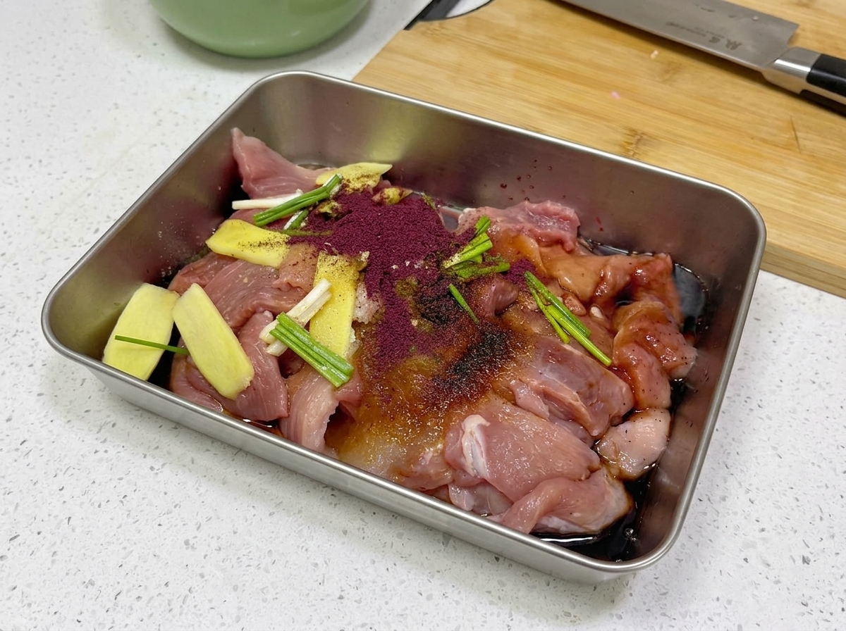 Fein gemahlenes, purpurrotes Hefereispulver wird über mariniertes Schweinefleisch und Kräuter in einer Edelstahlschale gestreut.