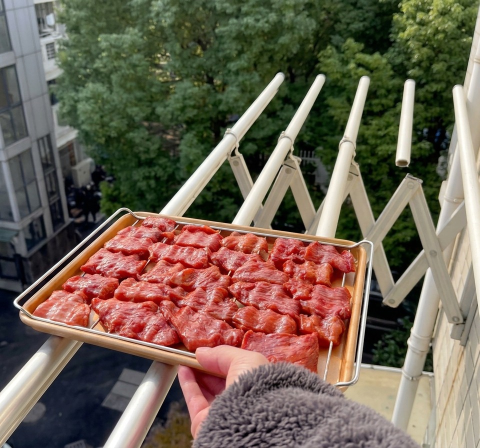 Ein Kuchengitter voller roter Fleischscheiben wird über ein Balkongeländer gehalten, im Hintergrund eine Stadtstraße und grüne Bäume.