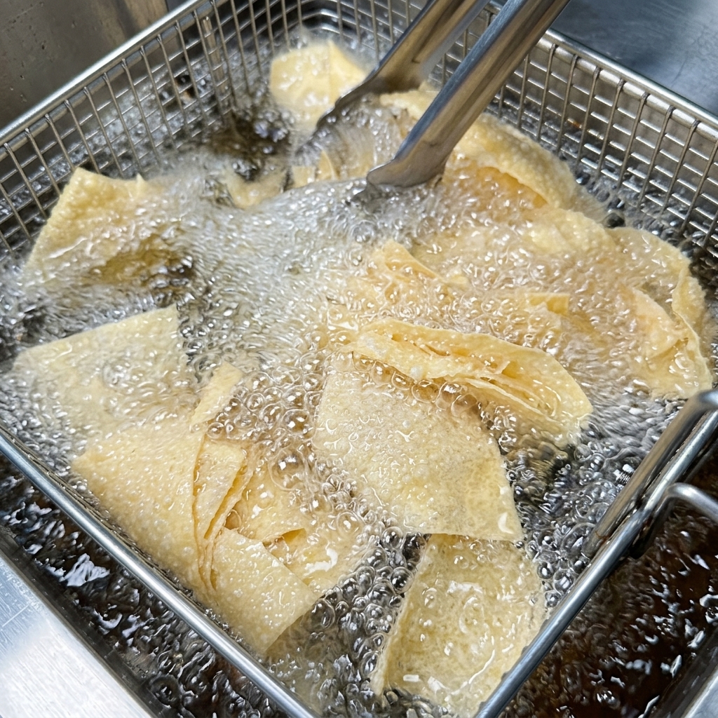 In sprudelnd heißem Öl in einer Friteuse aus Edelstahl schwimmende Tortilla-Chips.