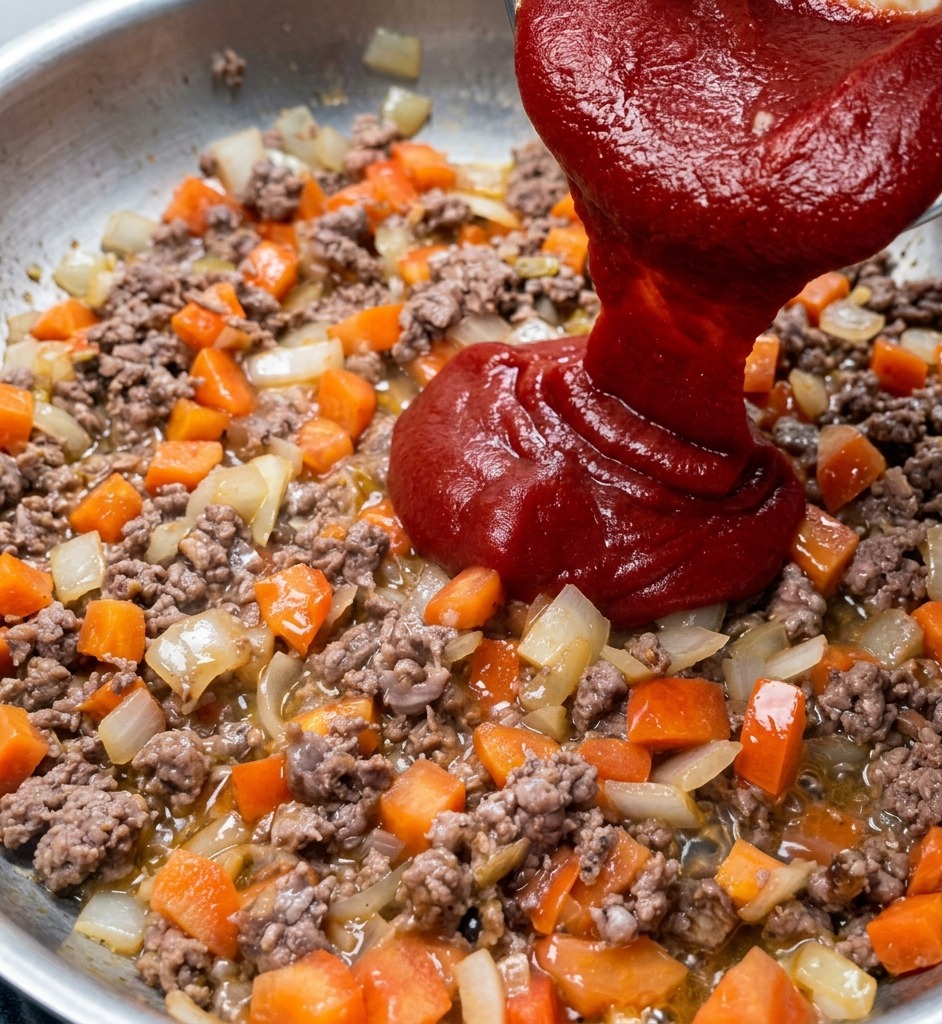 Ein dicker Strahl dunkelroter Tomatensauce wird über eine Mischung aus angebratenem Hackfleisch, Zwiebeln und Tomaten in einer Pfanne gegossen.