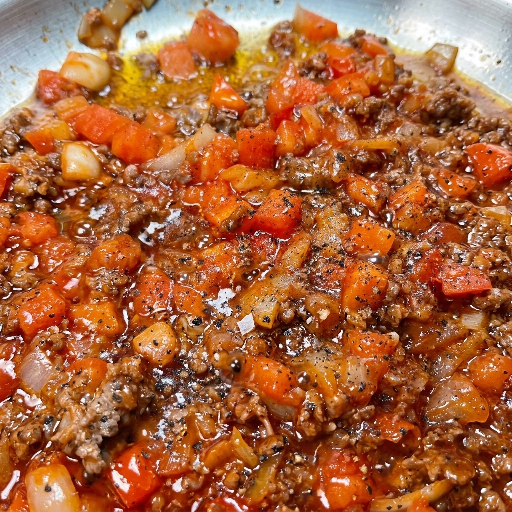 Schwarzer Pfeffer wird frisch über eine köchelnde Fleischsauce mit Tomaten- und Zwiebelwürfeln gemahlen.