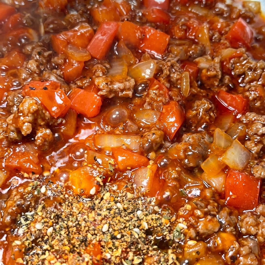 Ein Häufchen trockene argentinische Gewürzmischung mit verschiedenen Kräutern liegt oben auf der köchelnden Fleischsauce.