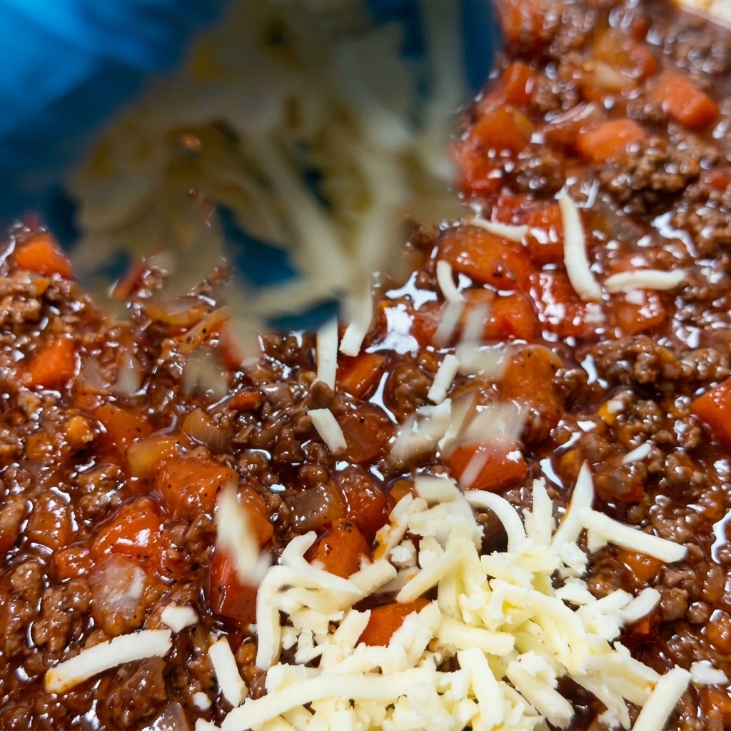 Geriebener Mozzarella-Käse wird über eine reichhaltige, rote Fleischsauce in einer Edelstahlpfanne gestreut.