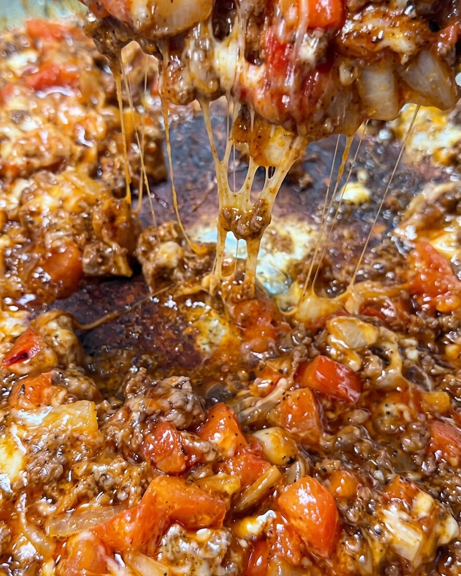 Nahaufnahme eines großen Löffels, der eine Portion rötliche Fleischsauce anhebt, während dicke, weiße Fäden von geschmolzenem Mozzarella nach unten zur Pfanne ziehen.