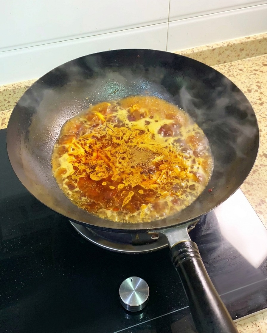 Die gewürzte Suppenbasis köchelt sprudelnd im Wok, während Dampf aufsteigt.