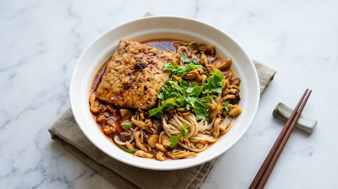 Scharfe Ji Si Mian: Chinesische Nudeln mit Hähnchen und geschmortem Tofu