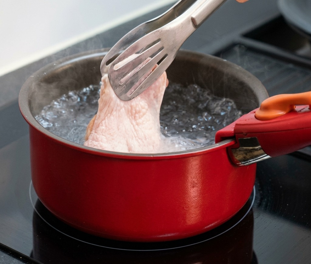 Eine Hand taucht ein rohes Hähnchenteil mit einer Metallzange in einen roten Topf mit sprudelnd kochendem Wasser auf einem Induktionsherd.