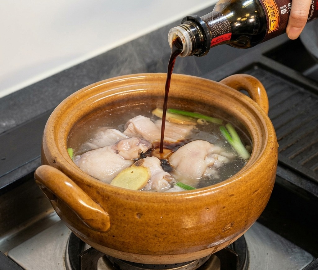 Dunkle Sojasauce wird aus einer Flasche in einen Keramiktopf mit Hähnchen und Kombu gegossen.