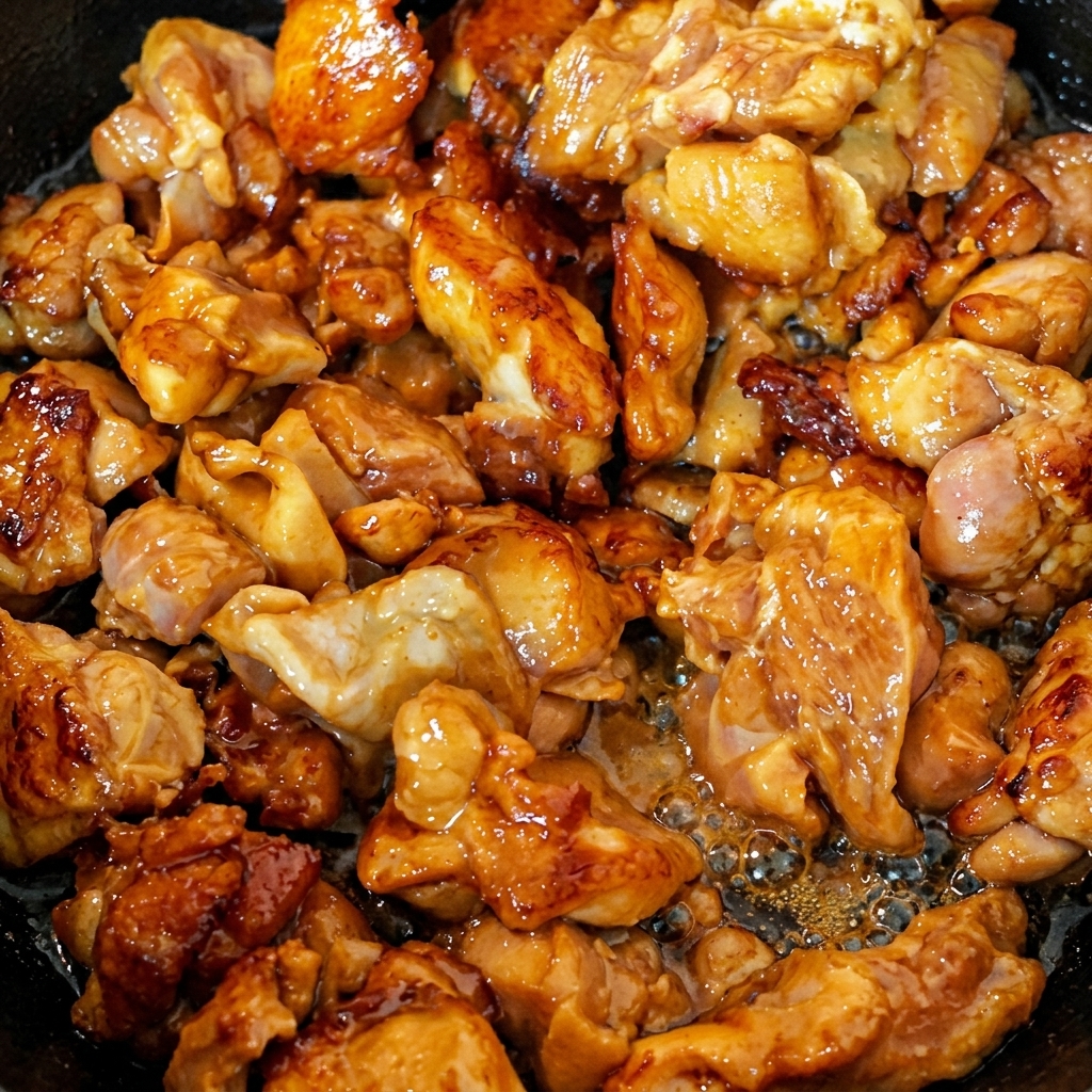 Nahaufnahme von glänzenden, gebräunten Hähnchenstücken, die in einem heißen Wok mit sichtbarem Dampf und Ölbläschen brodeln.