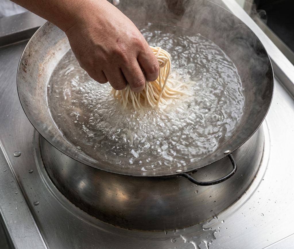 Eine Hand legt ein Bündel trockener, dünner Weizennudeln in einen großen Wok mit sprudelndem Wasser.
