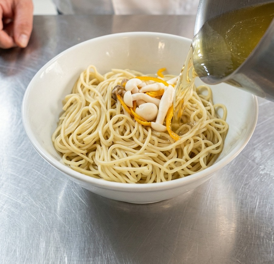 Goldene Hühnerbrühe, Pilze und Cordyceps-Blüten werden aus einem Edelstahltopf in eine Schüssel mit Nudeln gegossen.