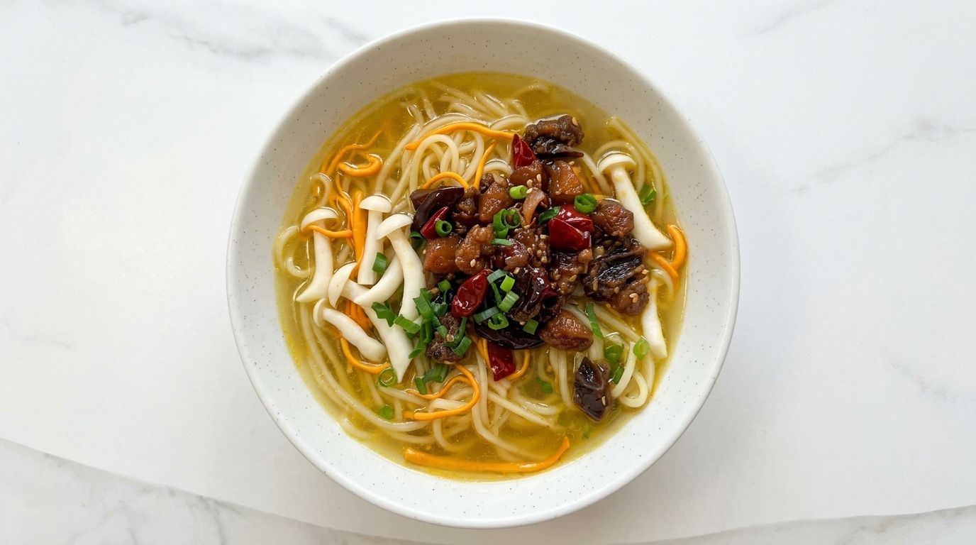 Scharfe Hühnersuppen-Nudeln mit Cordyceps und Pilzen