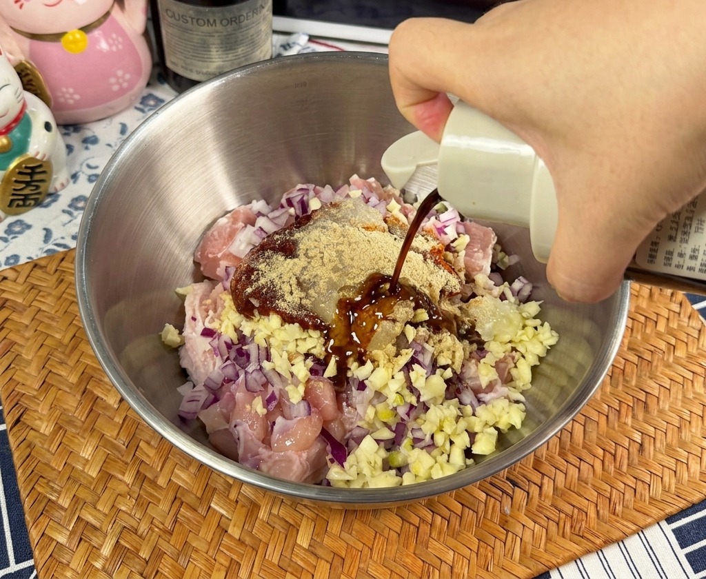 Helle Sojasauce wird in eine Schüssel mit Hähnchen, Zwiebeln und Gochujang-Paste gegossen.