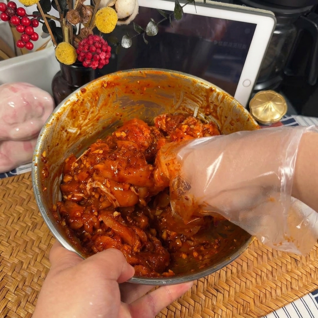 Eine Hand mit Plastikhandschuh vermengt das Hähnchenfleisch mit der tiefroten Marinade in einer Schüssel.