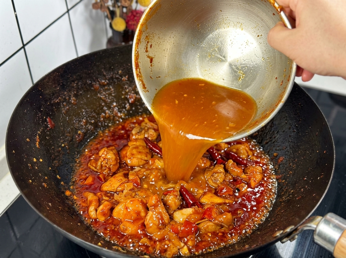 Eine hellorange Flüssigkeit wird aus einer Schüssel in einen Wok mit gebratenem Hähnchen gegossen.