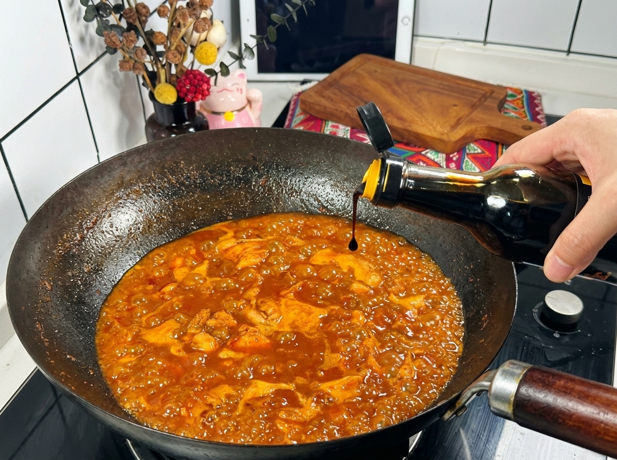 Dunkle Sojasauce wird in einen Wok mit blubbernder, roter Hähnchensauce gegossen.