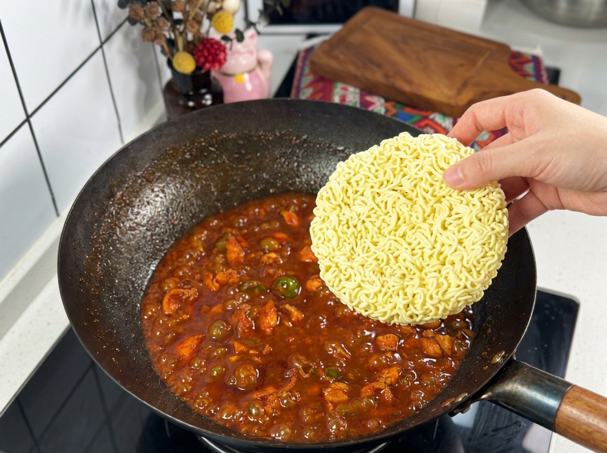 Ein Block Instant-Ramen-Nudeln wird in einen Wok mit kochender roter Sauce gelegt.