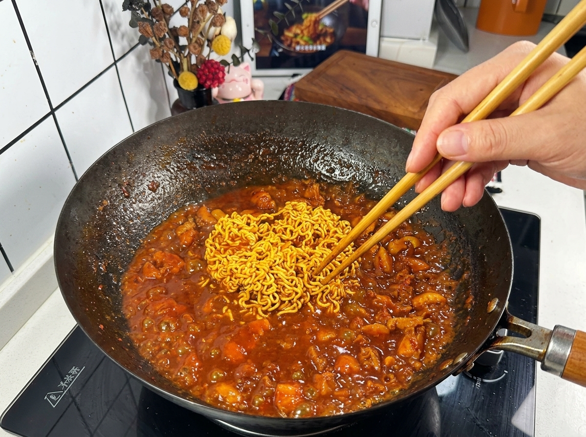 Holzstäbchen lockern die Instantnudeln in einer dicken, dunkelroten Sauce in einem Wok auf.