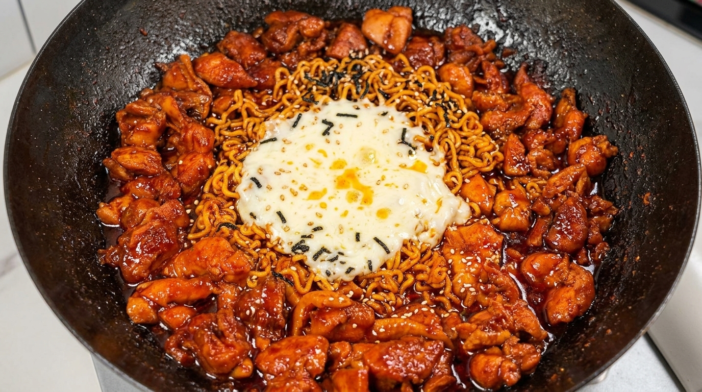 Scharfe koreanische Hähnchen-Nudeln mit geschmolzenem Mozzarella