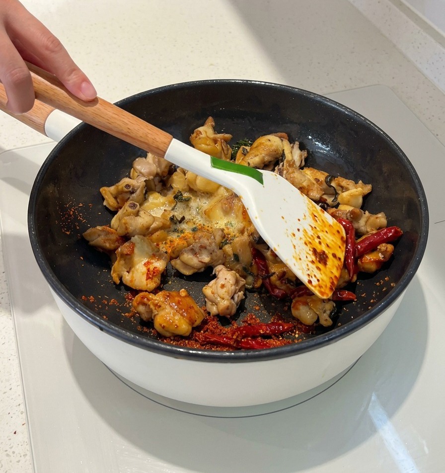 Ein weißer Pfannenwender rührt Hähnchenstücke, getrocknete Chilis und Chilipulver um, während rotes Öl beginnt, die Zutaten zu überziehen.