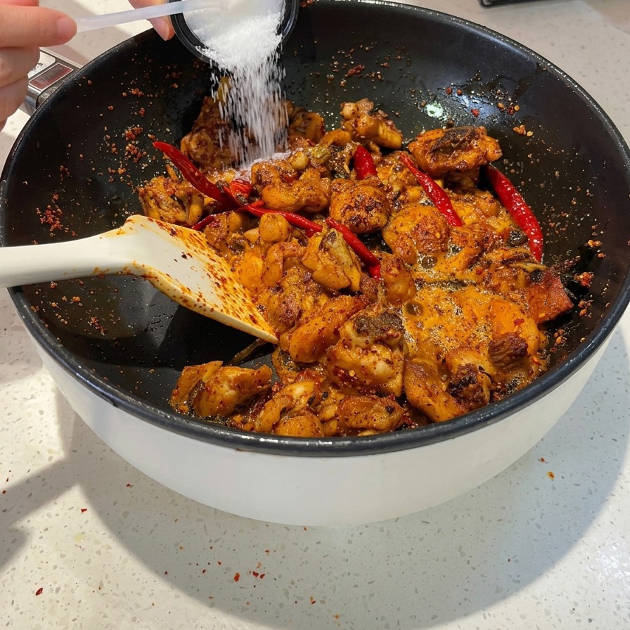 Ein weißer Löffel streut Salz und Zucker über eine Pfanne mit angebratenem scharfem Hähnchen und roten Chilis.