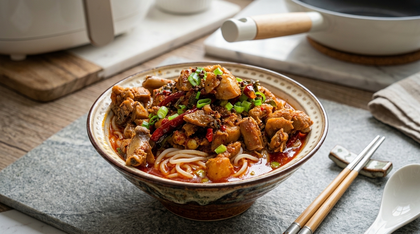 Feurige Szechuan-Hühnersuppe mit Nudeln