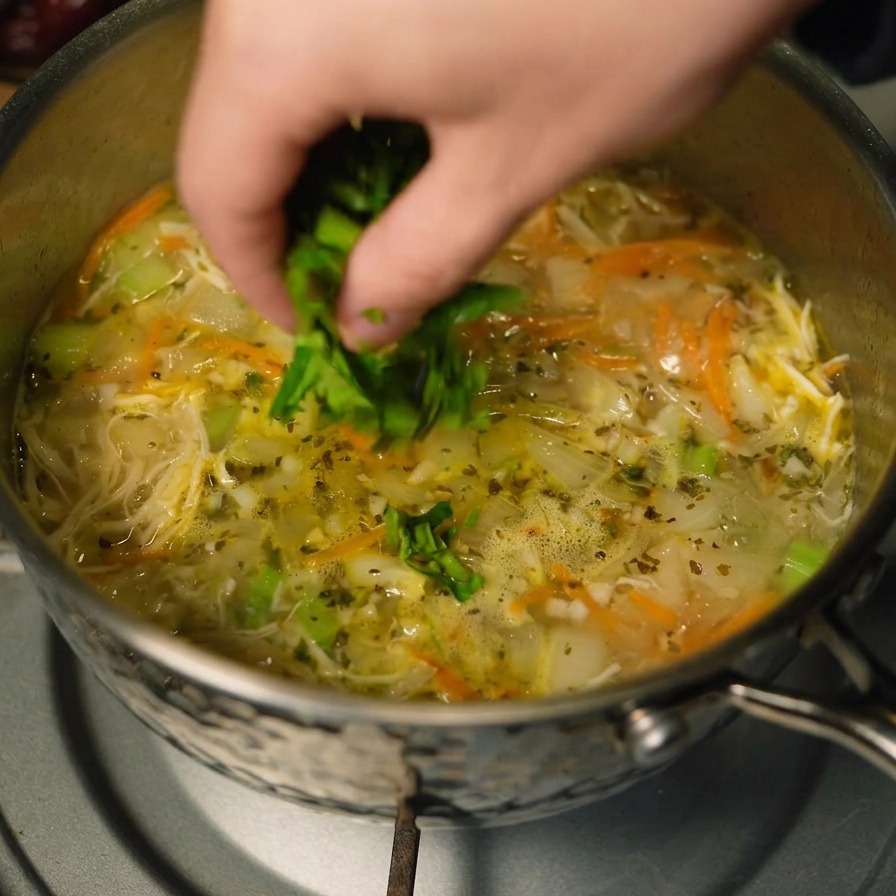 Eine Hand streut gehackten grünen Koriander über einen Topf mit dampfender Hühner- und Gemüsesuppe.