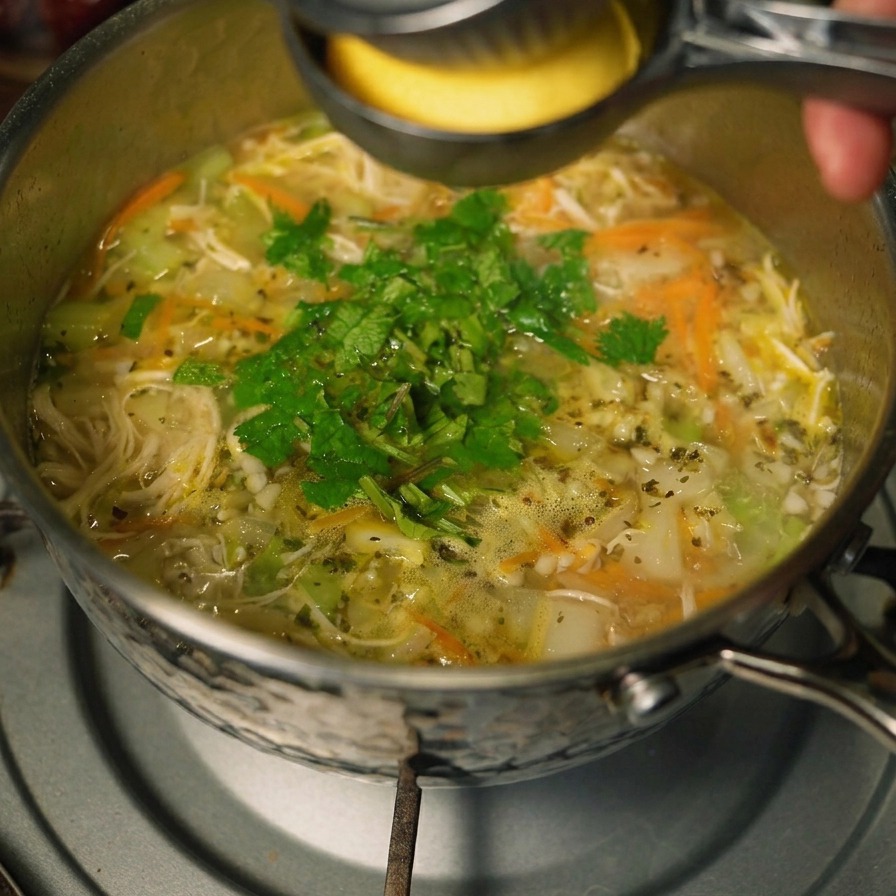 Eine Handpresse aus Metall wird verwendet, um frischen Zitronensaft in einen Topf mit Hühnersuppe zu pressen, die mit grünen Kräutern garniert ist.