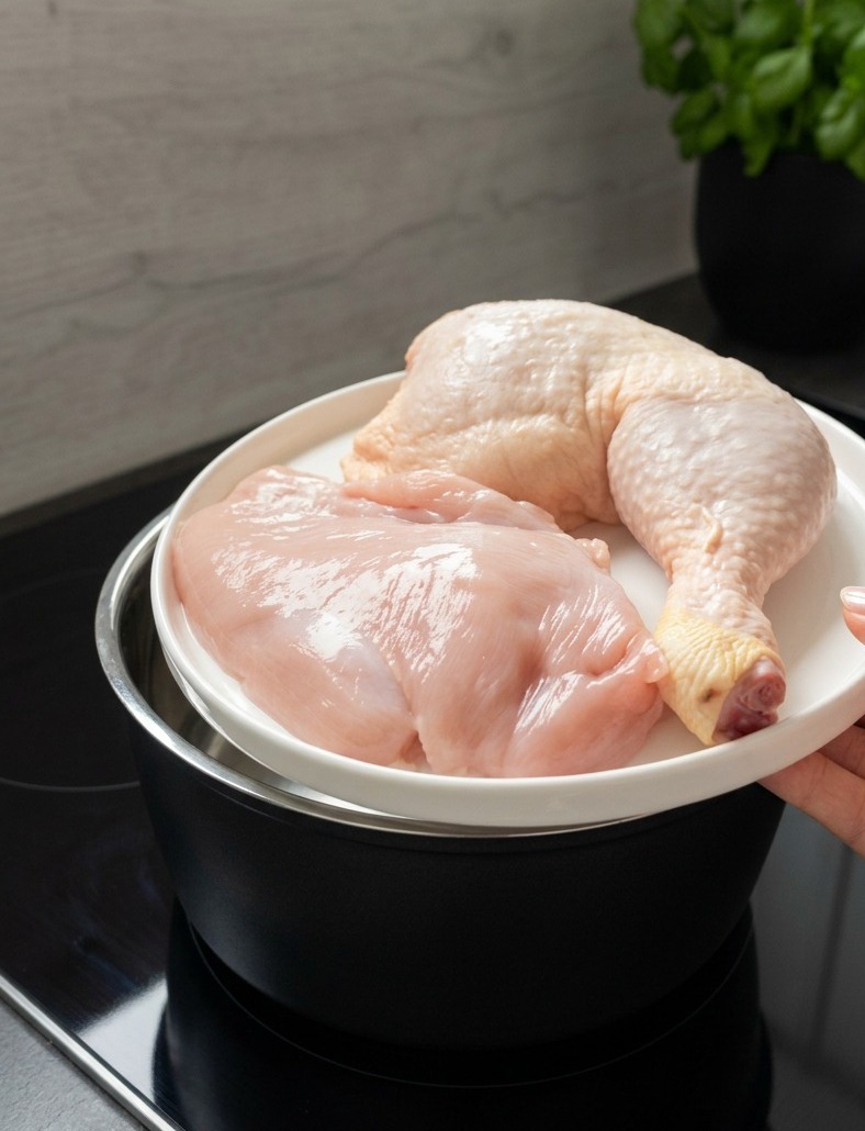 Eine Hand hält einen weißen Teller mit roher Hähnchenbrust und einer Hähnchenkeule über einen Topf mit Wasser, Knoblauch und Lorbeerblättern.