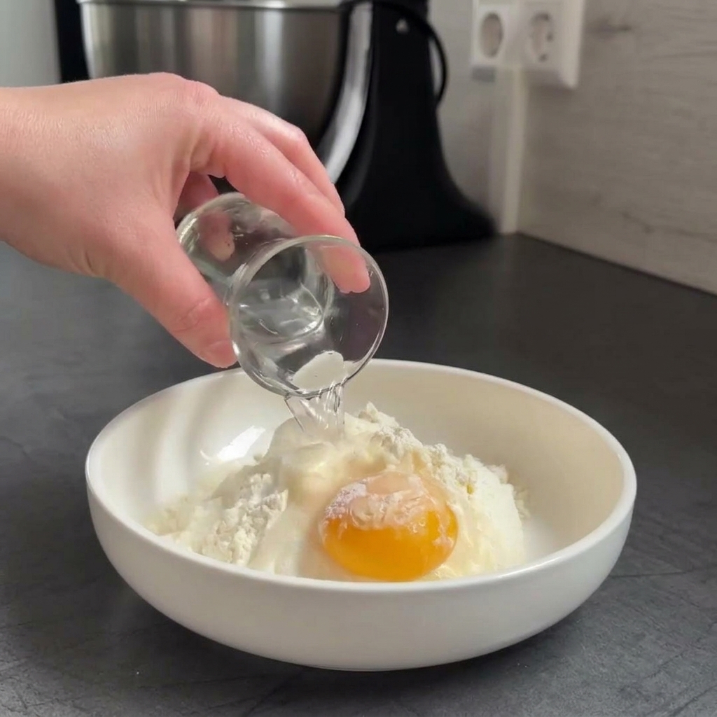 Eine Hand gießt Wasser aus einem kleinen Glas in eine weiße Schüssel mit rohem Eigelb, Mehl und Joghurt.