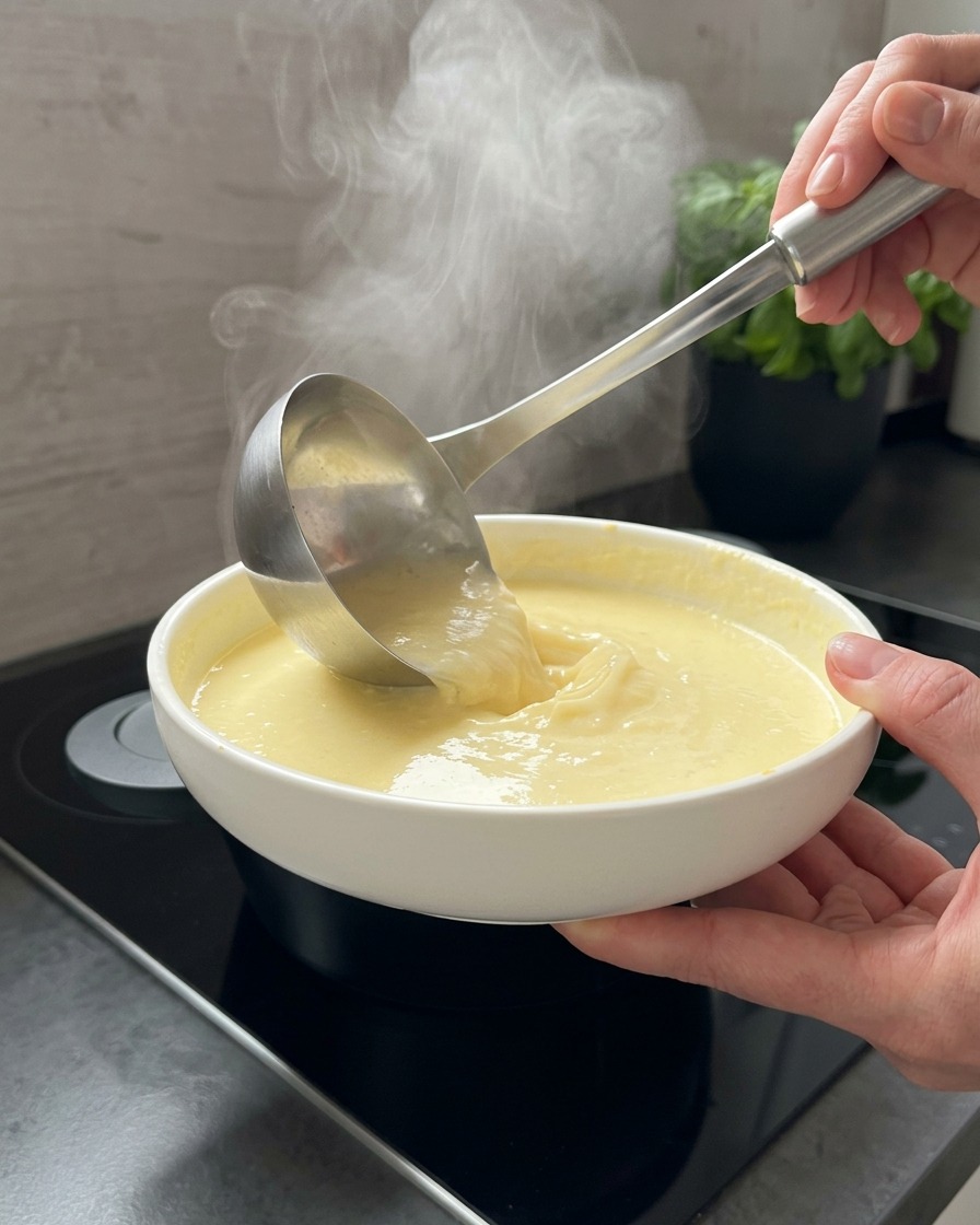 Eine Schöpfkelle aus Metall gießt dampfend heiße Brühe in eine weiße Schüssel mit hellgelber Joghurtmischung, die von einer Hand gehalten wird.