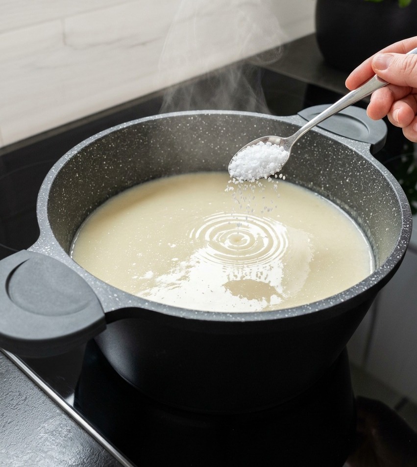 Eine Hand hält einen silbernen Löffel voller weißem Salz über einen großen Topf mit cremiger, hellgelber Hühnersuppe.